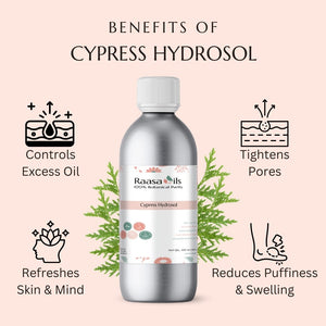 Bottle of Raasa Oils Cypress Hydrosol with benefits listed on a pink background