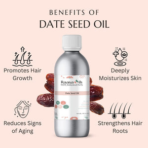 Bottle of Raasa Oils Date Seed Oil with benefits listed on a pink background