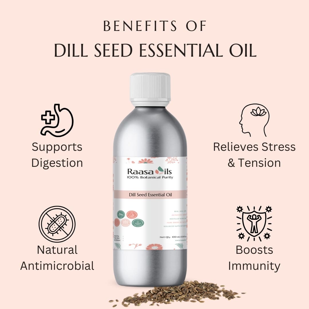 Bottle of Raasa Oils Dill Seed Essential Oil with benefits listed on a pink background