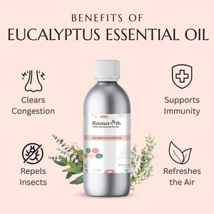 Bottle of Raasa Oils Eucalyptus Essential Oil with benefits listed on a pink background