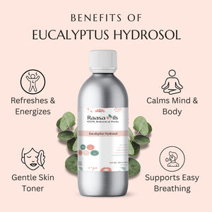 Bottle of Raasa Oils Eucalyptus Hydrosol with benefits listed on a pink background