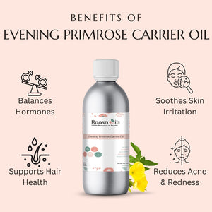 Bottle of Raasa Oils evening primrose carrier oil with benefits listed on a pink background