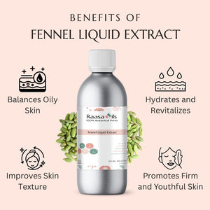 Fennel liquid extract bottle with benefits listed on a pink background