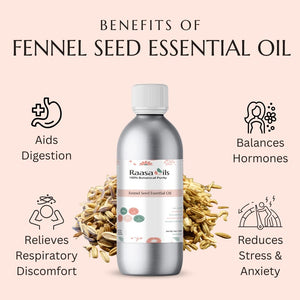 Bottle of Raasa Oils Fennel Seed Essential Oil with benefits listed on a pink background