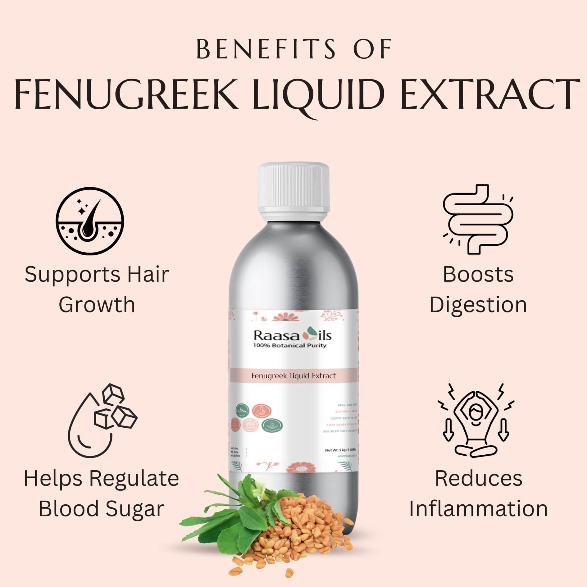 Bottle of Raasa Oils Fenugreek Liquid Extract with benefits listed on a pink background