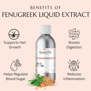 Bottle of Raasa Oils Fenugreek Liquid Extract with benefits listed on a pink background