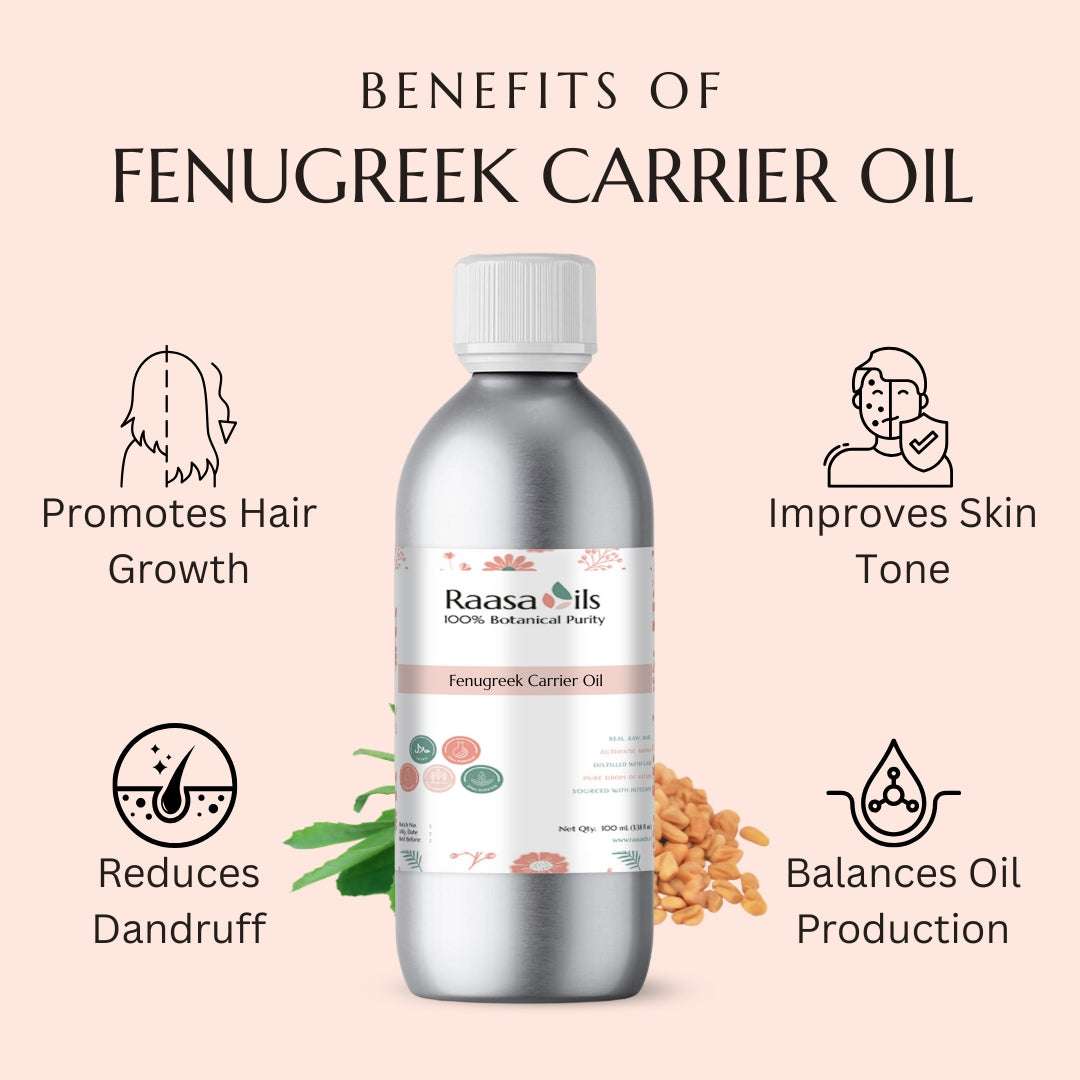 Raasa Oils Fenugreek Carrier Oil bottle with benefits listed on a pink background