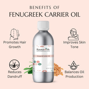 Raasa Oils Fenugreek Carrier Oil bottle with benefits listed on a pink background