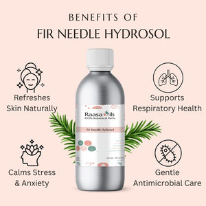 Bottle of Raasa Oils Fir Needle Hydrosol with benefits listed on a pink background