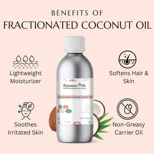 Bottle of Raasa Oils Fractionated Coconut Oil with benefits listed on a pink background