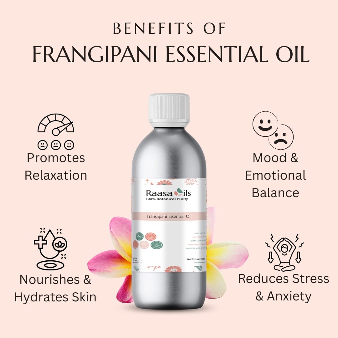 Raasa Oils frangipani essential oil bottle with benefits listed on a pink background