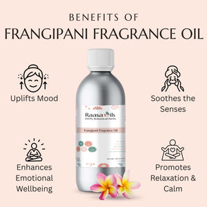 Raasa Oils frangipani fragrance oil bottle with benefits listed on a light pink background