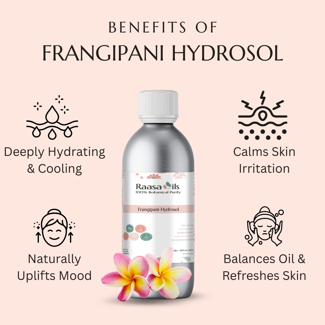 Bottle of Raasa Oils Frangipani Hydrosol with benefits listed on a pink background