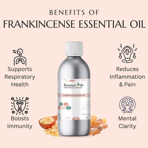 Raasa Oils Frankincense Essential Oil bottle with benefits listed on a pink background