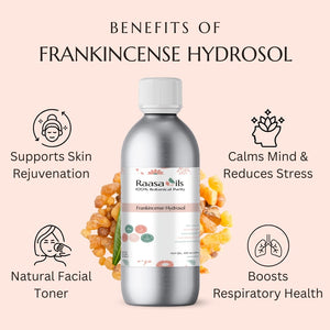 Raasa Oils Frankincense Hydrosol bottle with benefits listed on a pink background