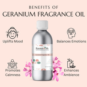 Raasa Oils geranium fragrance oil bottle with benefits listed on a pink background
