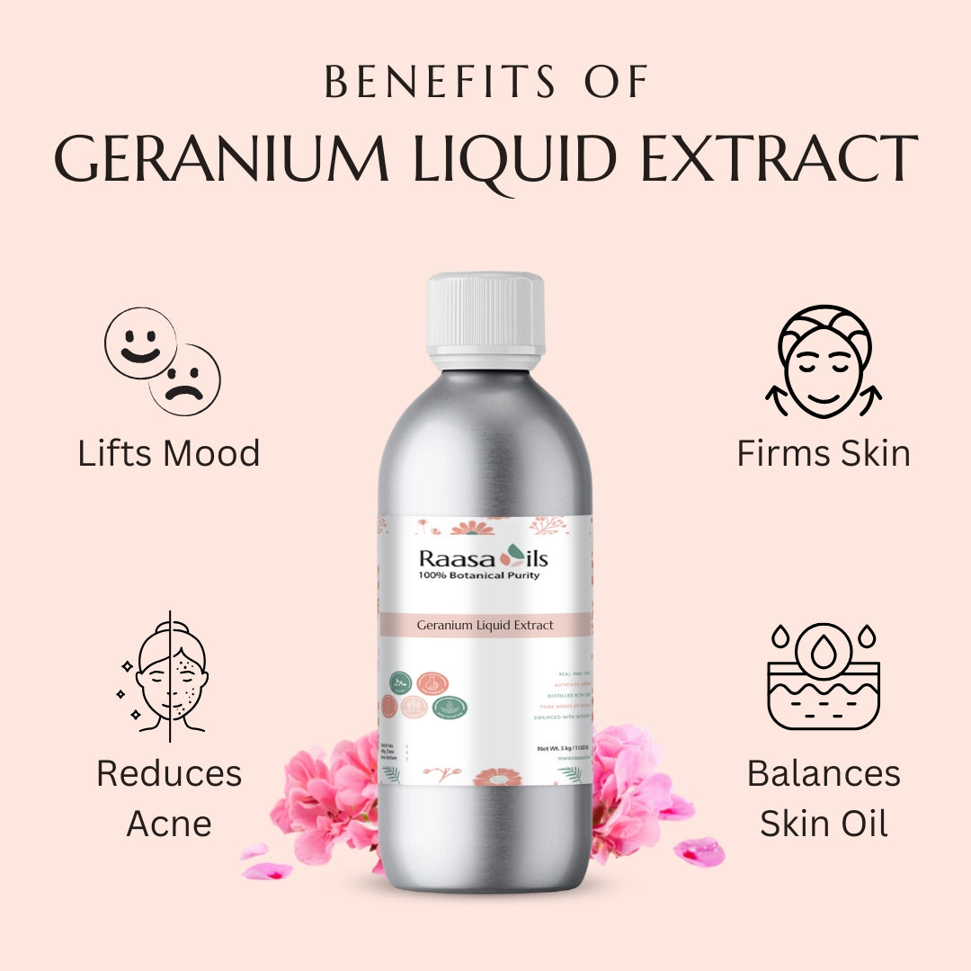 Bottle of Raasa Oils Geranium Liquid Extract with benefits listed on a pink background