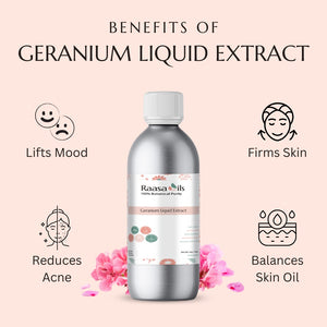 Bottle of Raasa Oils Geranium Liquid Extract with benefits listed on a pink background