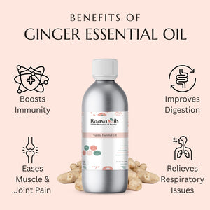 Raasa Oils ginger essential oil bottle with benefits listed on a pink background
