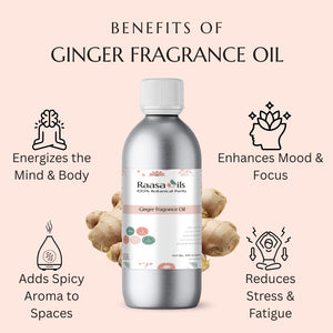 Ginger fragrance oil bottle with benefits listed on a pink background