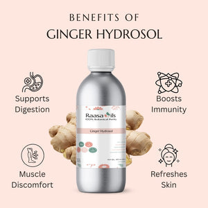 Bottle of Raasa Oils Ginger Hydrosol with benefits listed on a pink background