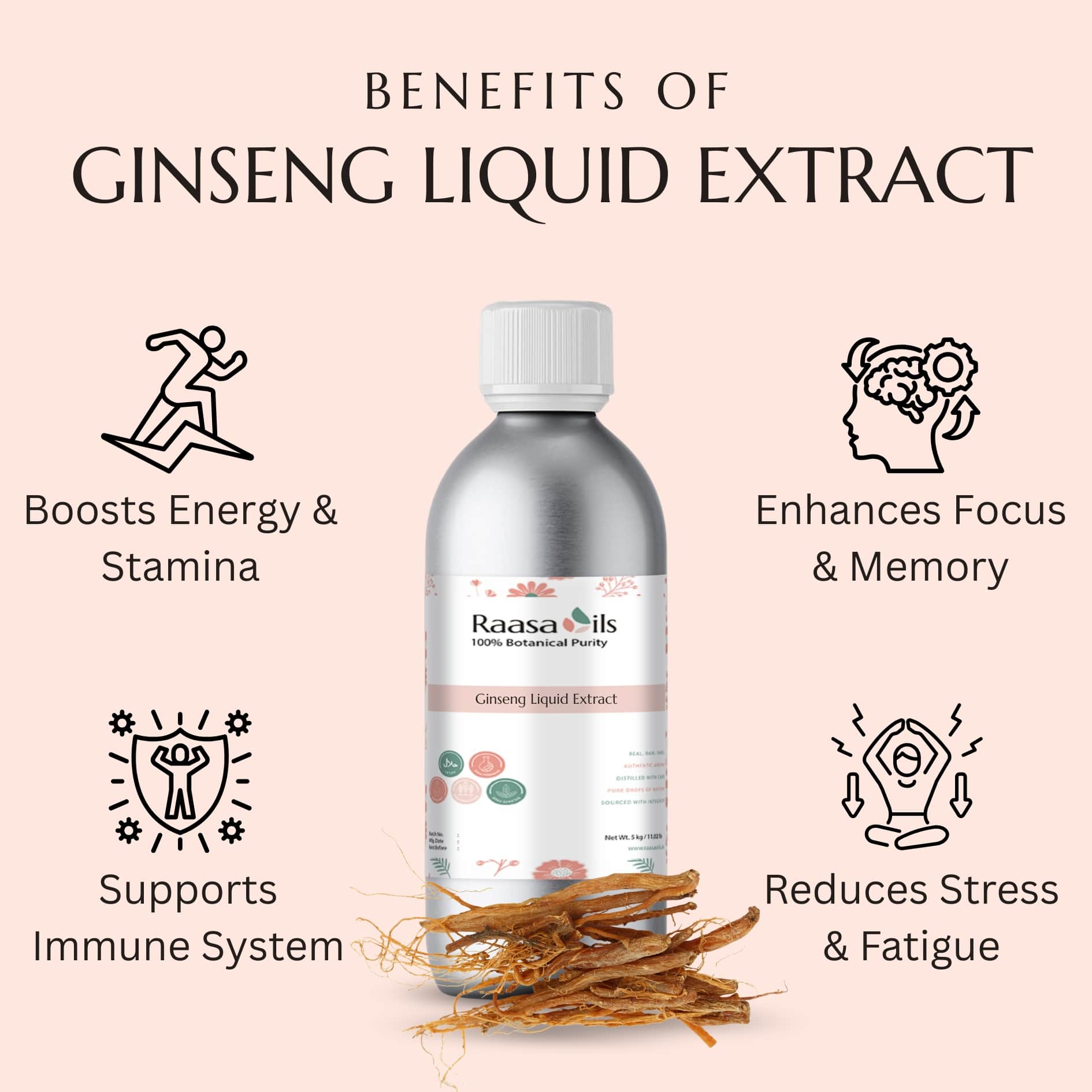 Bottle of Raasa Ginseng Liquid Extract with benefits listed on a pink background