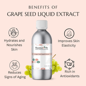 Bottle of Raasa Oils Grape Seed Liquid Extract with benefits listed on a pink background