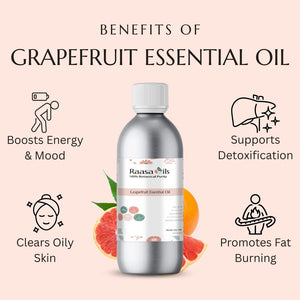 Grapefruit essential oil bottle with benefits listed on a pink background