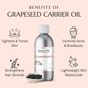 Raasa Oils grapeseed carrier oil bottle with benefits listed on a pink background