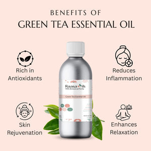 Green tea essential oil bottle with benefits listed on a pink background