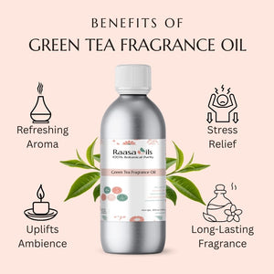 Green tea fragrance oil bottle with benefits listed on a pink background