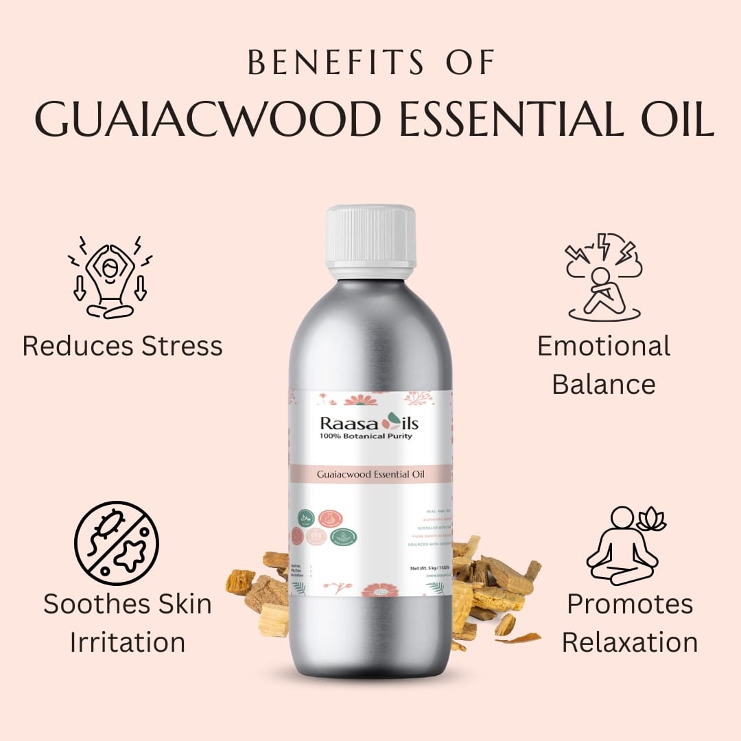 Bottle of Raasa Oils Guaiacwood Essential Oil with benefits listed on a pink background