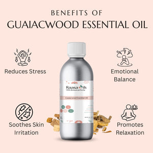 Bottle of Raasa Oils Guaiacwood Essential Oil with benefits listed on a pink background
