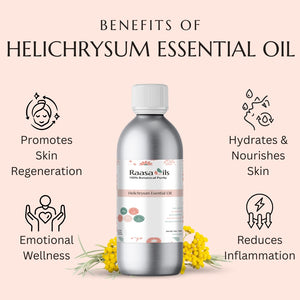 Helichrysum essential oil bottle with benefits listed on a pink background