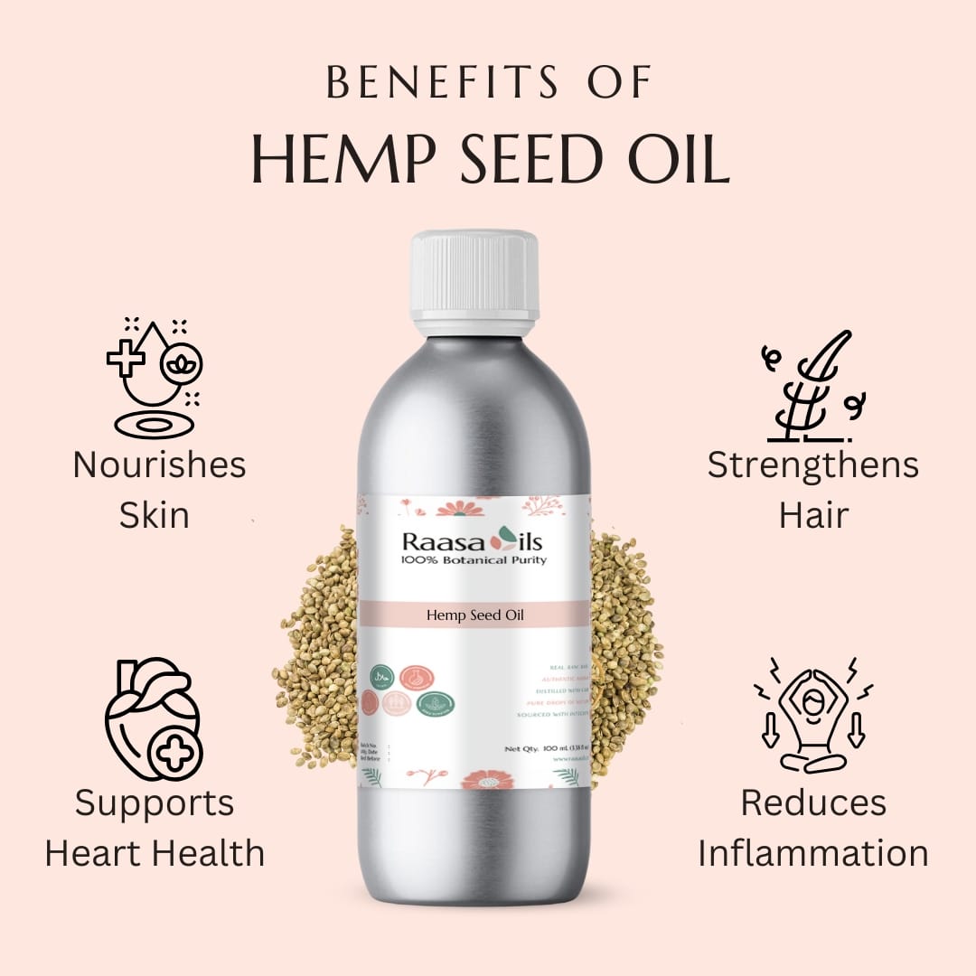 Bottle of Raasa Oils Hemp Seed Oil with benefits listed on a pink background