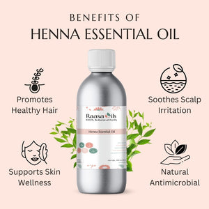 Raasa Oils Henna Essential Oil bottle with benefits listed on a pink background