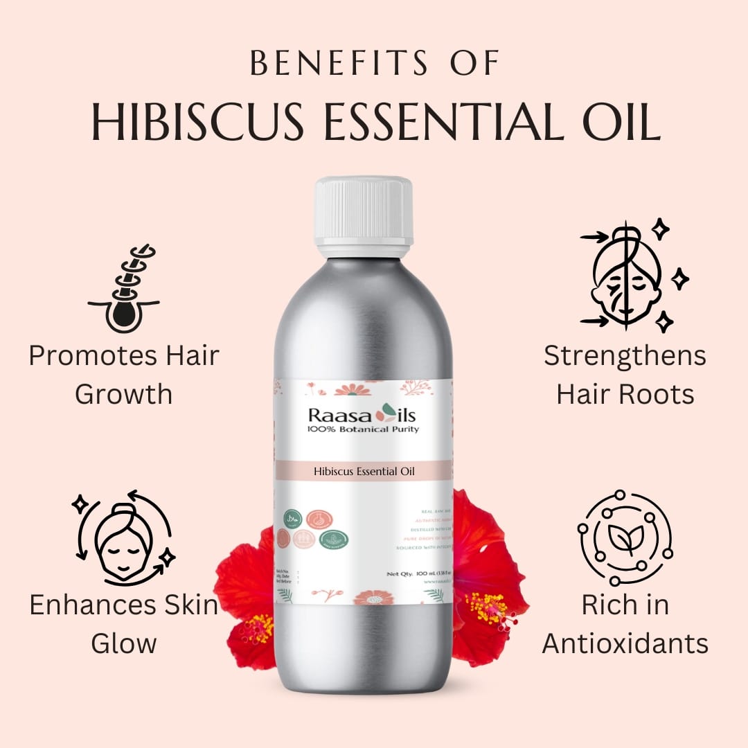 Raasa Oils Hibiscus Essential Oil bottle with benefits listed on a pink background