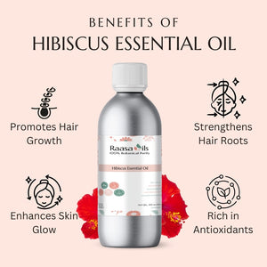 Raasa Oils Hibiscus Essential Oil bottle with benefits listed on a pink background