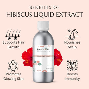Bottle of Raasa Oils Hibiscus Liquid Extract with benefits listed on a pink background