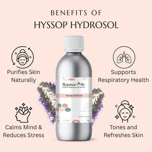 Raasa Oils Hyssop Hydrosol bottle with benefits listed on a pink background