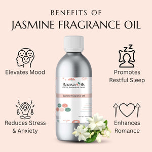 Raasa Oils Jasmine Fragrance Oil bottle with benefits listed on a light pink background