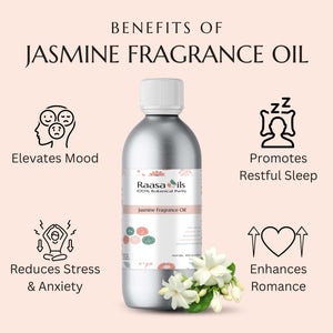 Raasa Oils Jasmine Fragrance Oil bottle with benefits listed on a light pink background