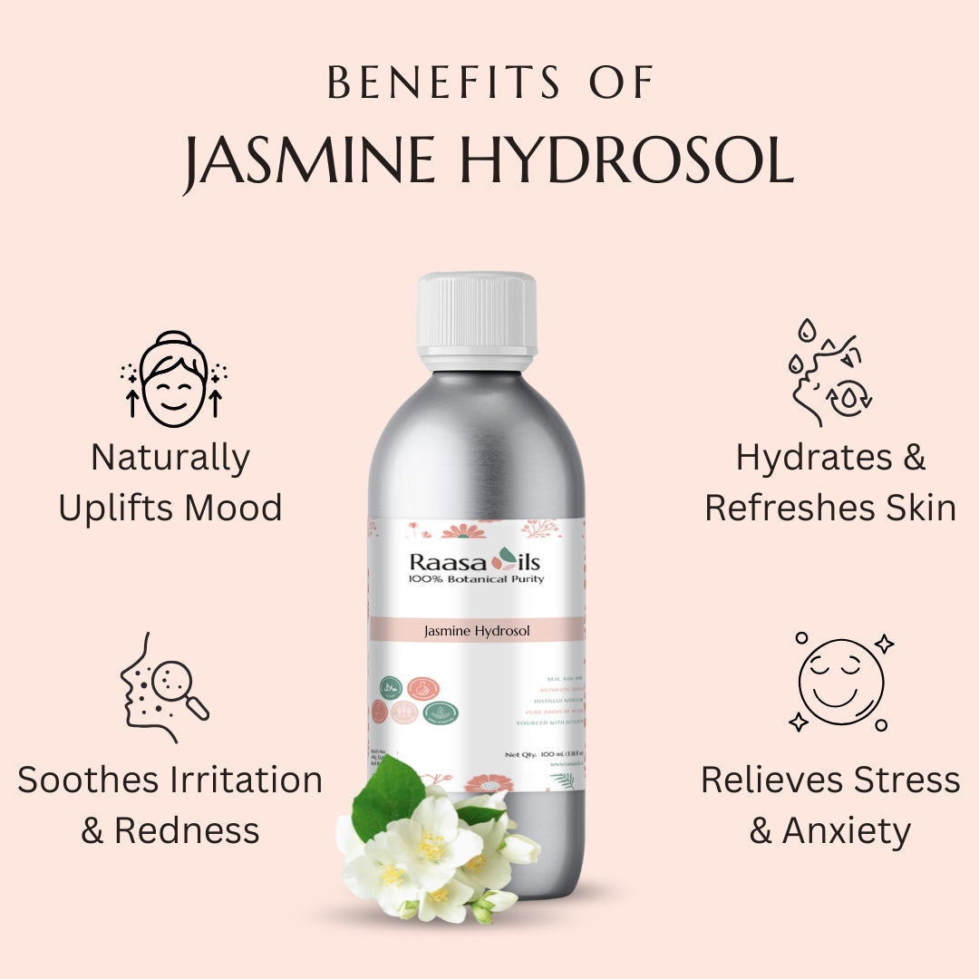 Jasmine hydrosol bottle with benefits listed on a pink background