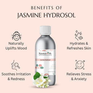 Jasmine hydrosol bottle with benefits listed on a pink background