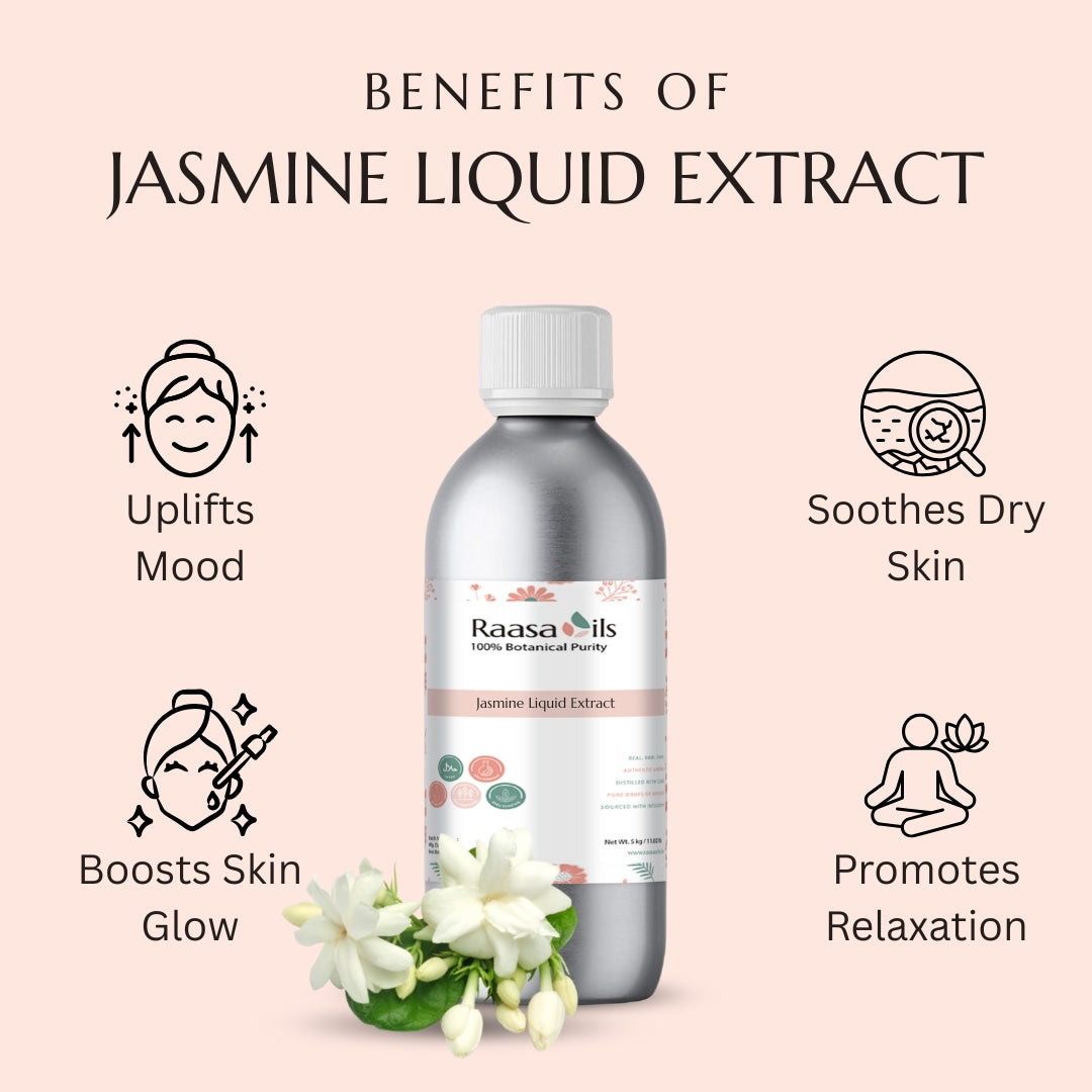 Raasa Oils Jasmine Liquid Extract bottle with benefits listed on a pink background