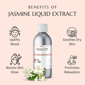 Raasa Oils Jasmine Liquid Extract bottle with benefits listed on a pink background