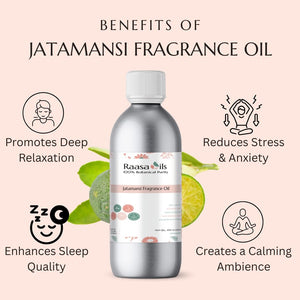 Bottle of Jatamansi Fragrance Oil with benefits listed on a pink background