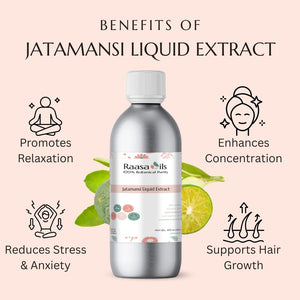 Bottle of Jatamansi Liquid Extract with benefits listed on a light pink background