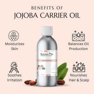 Jojoba carrier oil bottle with benefits listed on a light pink background
