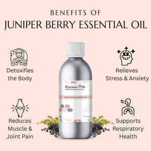 Bottle of Raasa Oils Juniper Berry Essential Oil with benefits listed on a pink background